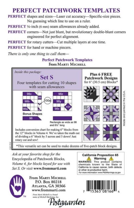 Sæt S - The 6" five-Patch Block - plastskabeloner - Marti Michell