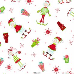 7140 Hvid med nissepiger og gaver patchwork stof
