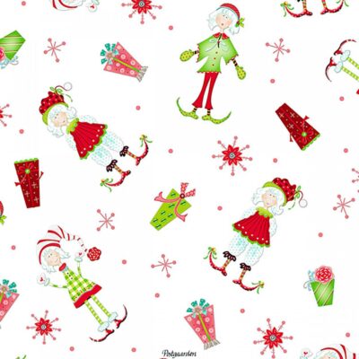 7140 Hvid med nissepiger og gaver patchwork stof