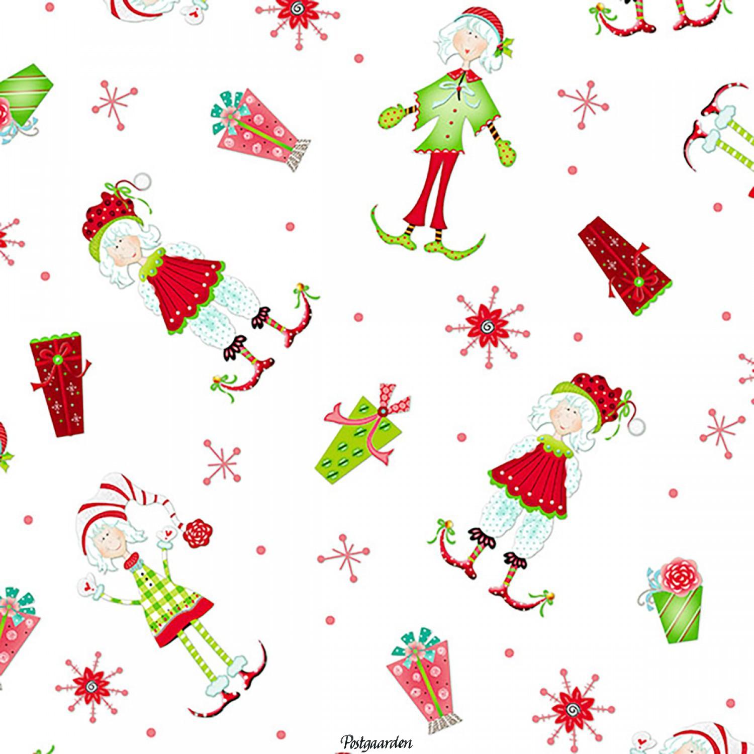 7140 Hvid med nissepiger og gaver patchwork stof