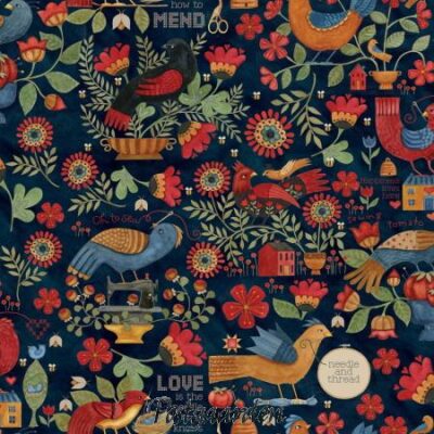 7726 Blå med fugle syning patchworkstof - postgaarden.com