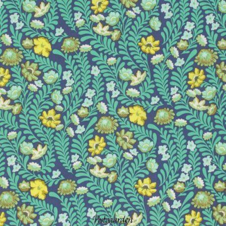 7294 Blå m. tyrkis blade og blomst - Tula Pink - patchworkstof