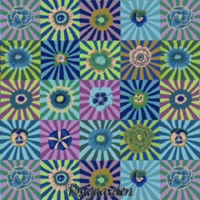 7406 - Blomster i striber og firkanter grøn blå