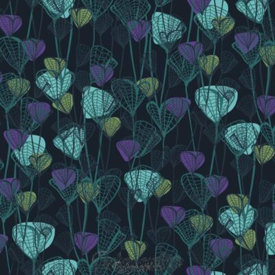 7461 - Sort med tyrkis og lilla blade patchworkstof