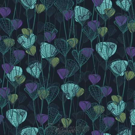 7461 - Sort med tyrkis og lilla blade patchworkstof