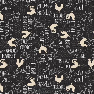 FQ7474 - Sort med ord og haner patchworkstof