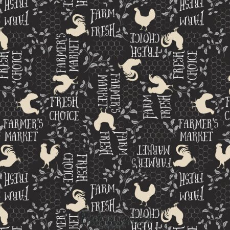 FQ7474 - Sort med ord og haner patchworkstof