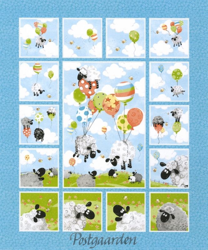 7521 Lys tyrkis patchwork panel med får og balloner