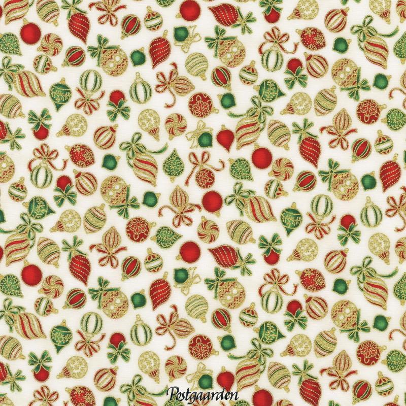 7623 Råhvid med julekugler JUL - patchworkstof