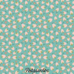 7657 Lys tyrkis med jordbær patchwork stof