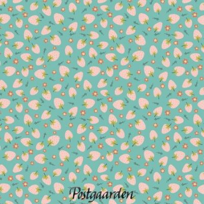 7657 Lys tyrkis med jordbær patchwork stof