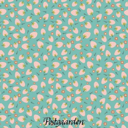 7657 Lys tyrkis med jordbær patchwork stof