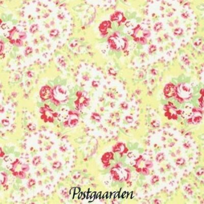 Sødt gult patchworkstof med små roser.