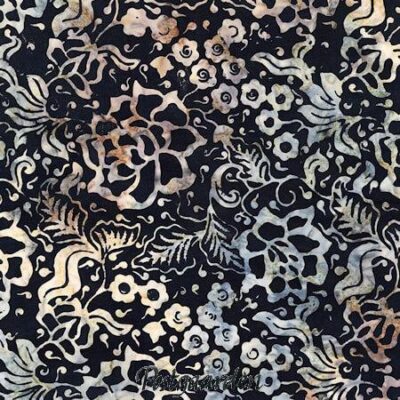 7889 Sort med gylden blomst bali batik patchworkstof - postgaarden.com