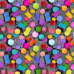 7931 Sort med garnnøgler og strikketøj patchworkstof - postgaarden.com