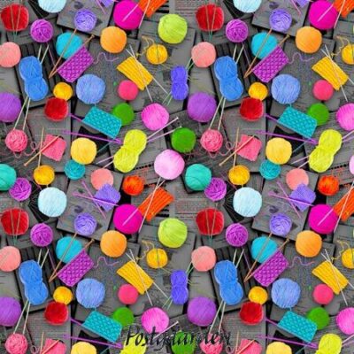 7931 Sort med garnnøgler og strikketøj patchworkstof - postgaarden.com