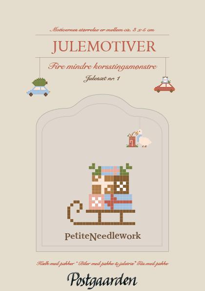 Julesæt 1 forside- Kælk med pakker -Biler med pakke & juletræ - Gås med pakke - Broderimønster - postgaarden.com