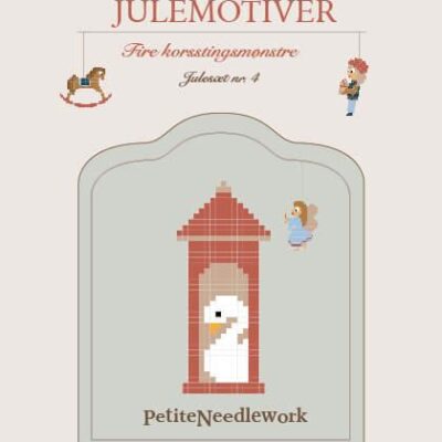 Julesæt 4 forside - Skilderhus med svane - Engel med lys - Gyngehest - Nisse med pakker - postgaarden.com