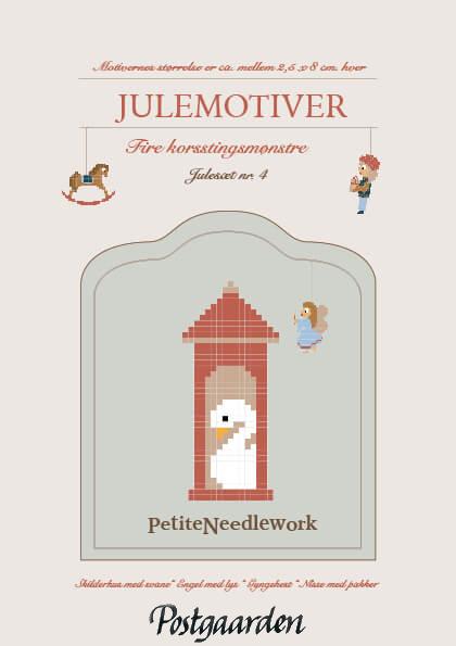Julesæt 4 forside - Skilderhus med svane - Engel med lys - Gyngehest - Nisse med pakker - postgaarden.com