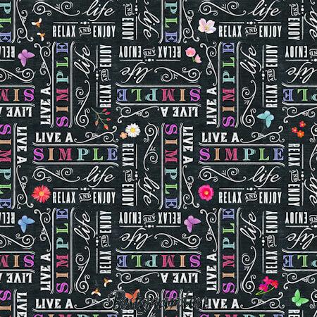 7941 sort med tekst simple life patchworkstof - postgaarden.com