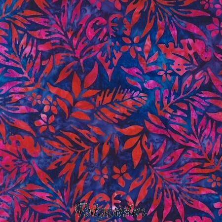 7958 blå med røde blade patchworkstof bali batik - postgaarden.com