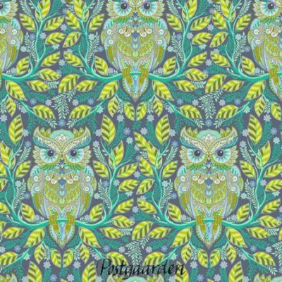 7963 Hootie Patootie blå med ugler patchworkstof - postgaarden.com