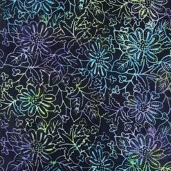 flot sort bali batik blomster i blå og lilla farver i patchworkstof