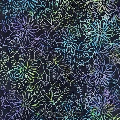 flot sort bali batik blomster i blå og lilla farver i patchworkstof
