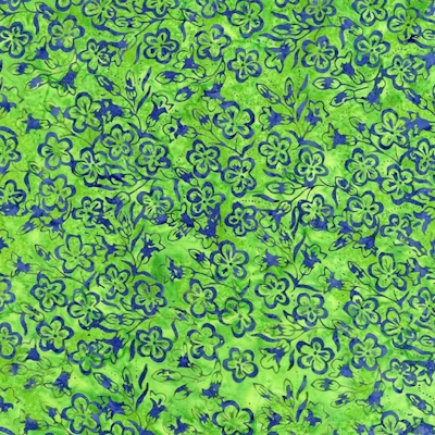 Vårgrøn patchworkstof med blå blomst bali batik - Varenummer 7990