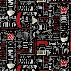 8014 sort med kaffe tekst patchworkstof