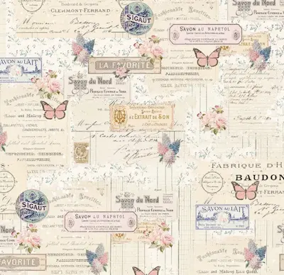 8091 Parisian Snippets Roser og tekst patchworkstof