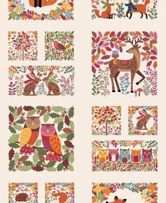 7805 Panel efterår Ugle Ræv pindsvin patchworkstof - postgaarden.com