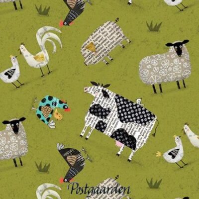 7810 Grøn med høns får ko patchworkstof - postgaarden.com