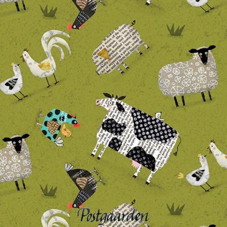 7810 Grøn med høns får ko patchworkstof - postgaarden.com
