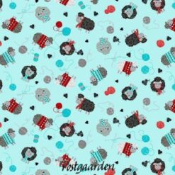 7811 Lysblå med får og strik patchworkstof - postgaarden.com