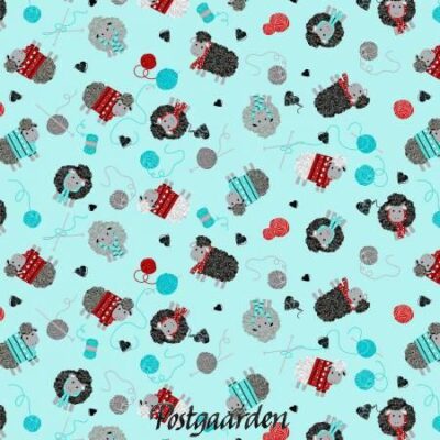 7811 Lysblå med får og strik patchworkstof - postgaarden.com