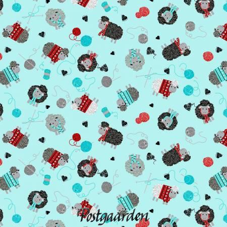 7811 Lysblå med får og strik patchworkstof - postgaarden.com